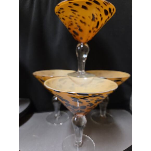 Mexican Hand Blown Margarita Glasses Leopard Spot Clear Stem 6" VTG Barware - Picture 2 of 6
